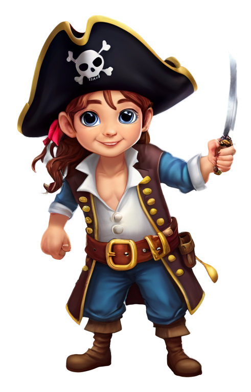 A pirate captain, with a knife, eagerly explaining the rules of the game