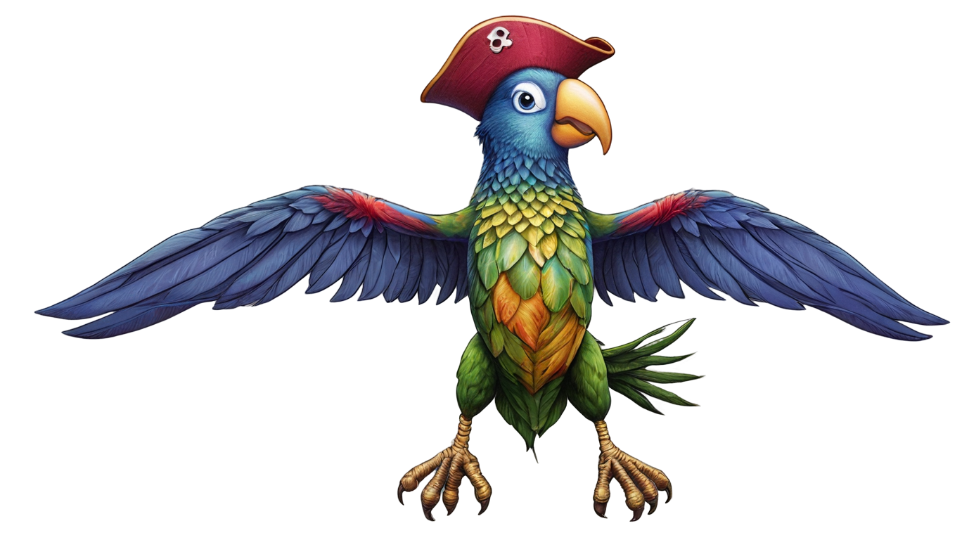 A pirate parrot with wings fully spread, wearing a small pirate hat, looking bold and adventurous, ready to take flight.
