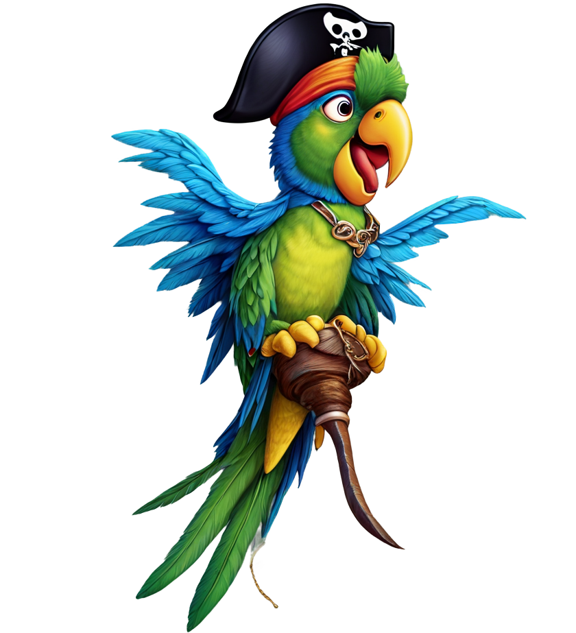 Image of a flying pirate parrot with a sharp object in his claws.