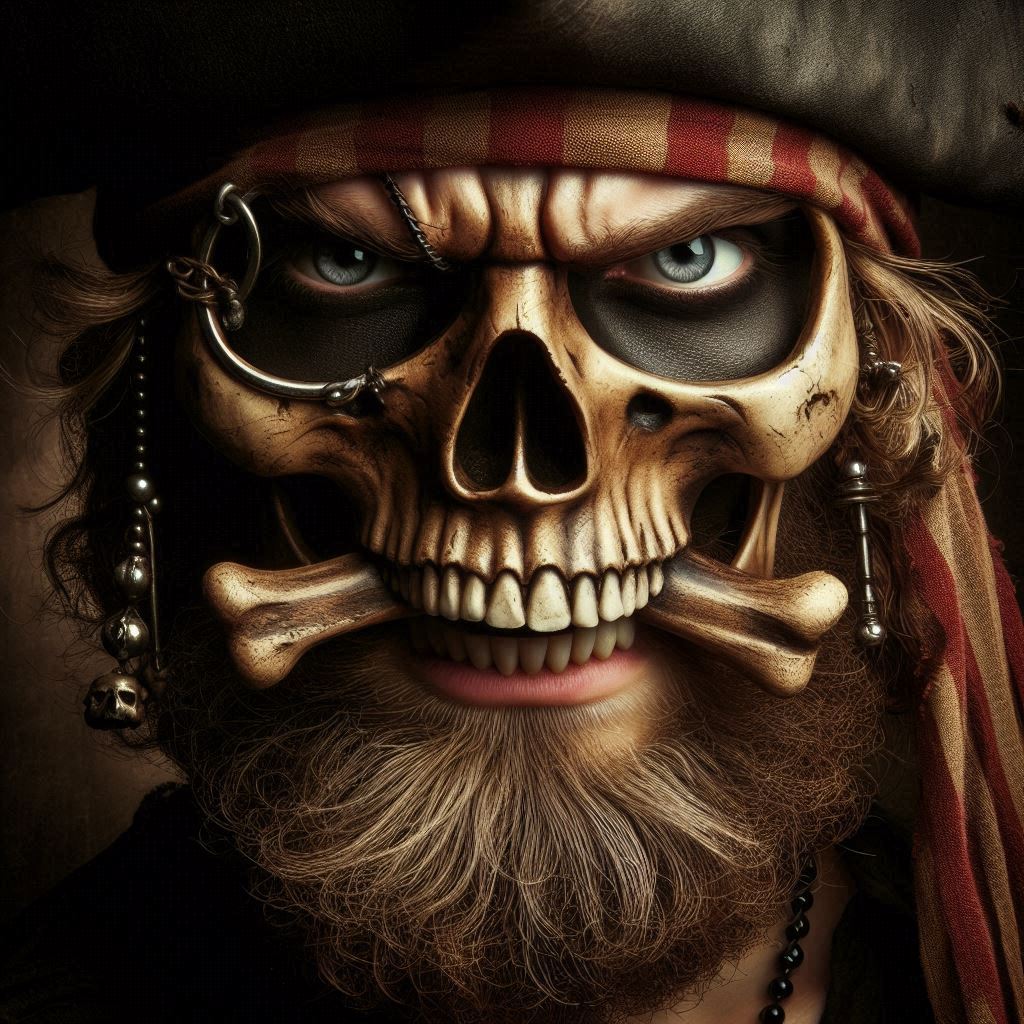 Head of a pirate with a skeleton-alike face
