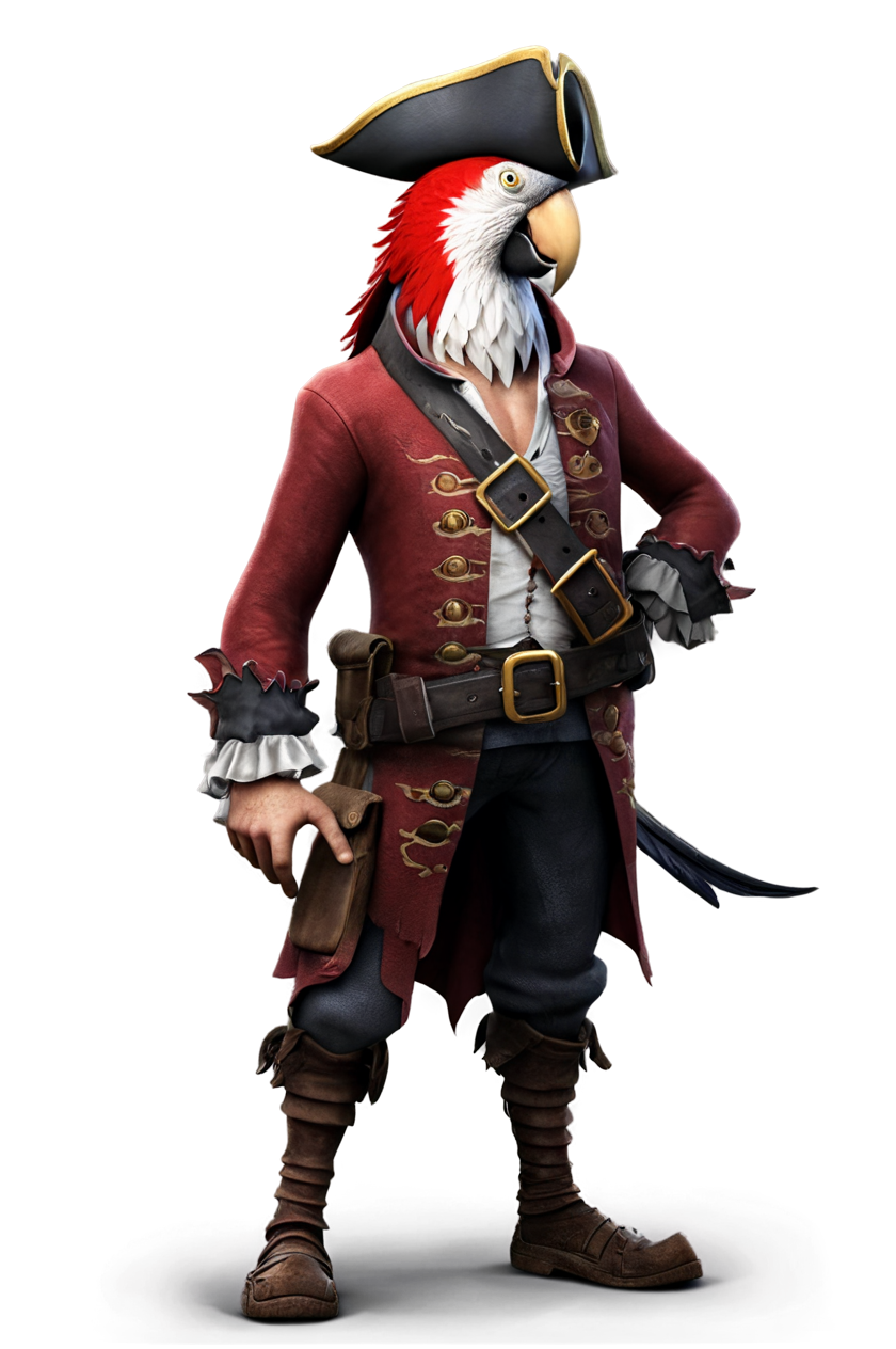 A quirky pirate character featuring a parrot for a head, embodying the fun of pirate life.
