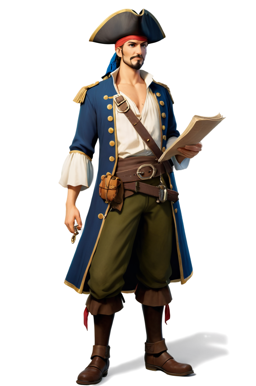A pirate holding a scroll, ready to reveal the Rules of the Seven Seas.
