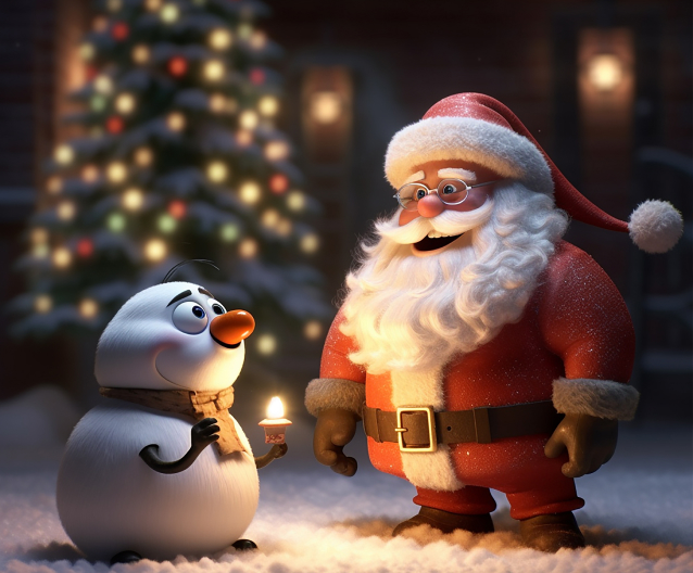 Santa and a Snowman looking at each other standing in front of the Christmas tree