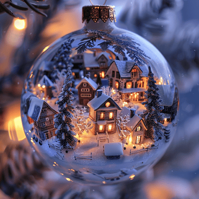 A miniature of a small wintery village inside a transparent Christmas tree decoration