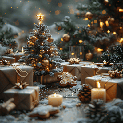 Christmas presents under the Christmas tree with candles and Christmas lights
