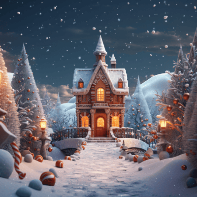 A road towards the fairytale house in the wintery condition with Christmas trees and Christmas sweets on the sides