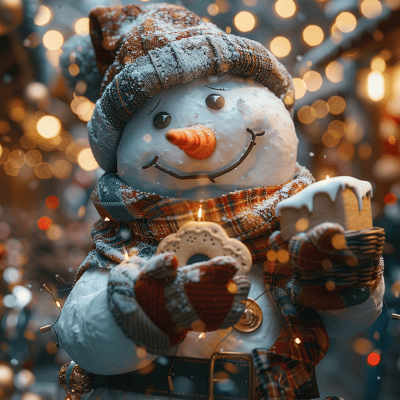 Snowman holding christmas sweets in front of a vibrant Christmas background full of Christmas lights